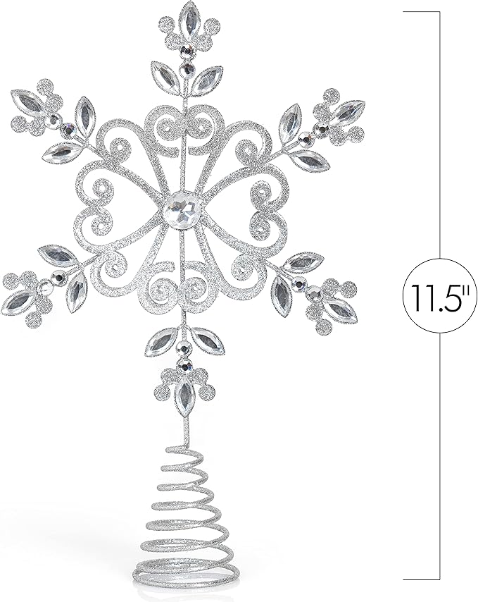 Ornativity Flower Snowflake Tree Topper – Silver Glitter Designed Floral Snow Flake Toppers Xmas Ornament Holiday Trees Decor with Sparkling Gem Detailed Christmas Star Tree Top Decorations 11.5"