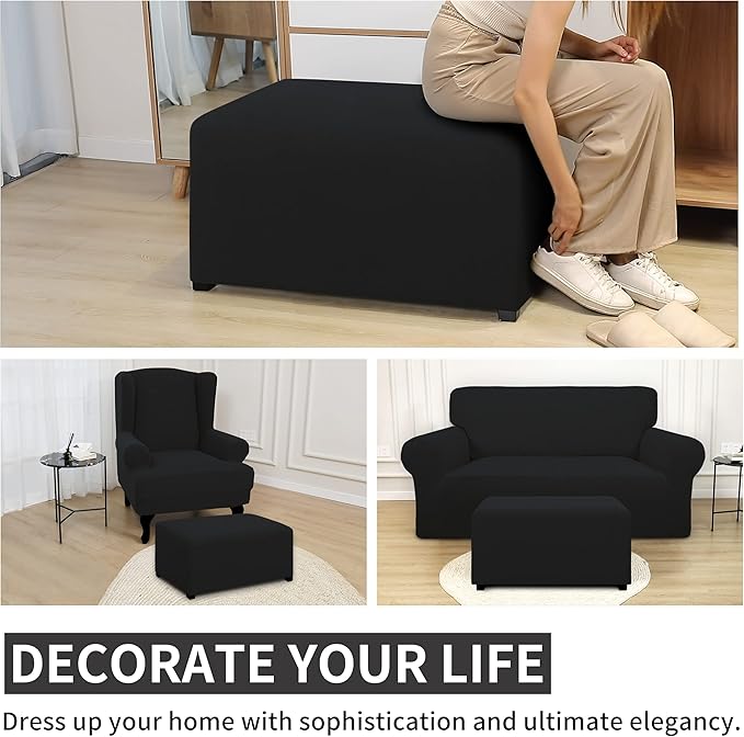 Easy-Going 100% Dual Waterproof Stretch Ottoman Cover Rectangle Folding Storage Stool Furniture Protector Soft Slipcover for Living Room with Elastic Bottom (XX Large, Black)