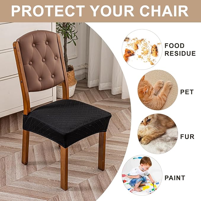 Genina Waterproof Seat Covers for Dining Room Chairs Covers Dining Chair Slipcovers Protector, No Rear Covers (Black, 4 Pcs)