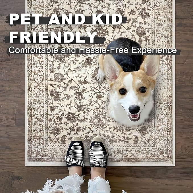 KILOCOCO Hallway Runner 2x5 Kitchen Runner Rug Printed Vintage Floral Washable Non-Slip Rubber Backed Runners for Hallways Laundry Room Distressed Boho Rugs for Entryway Bedroom, Beige/Brown