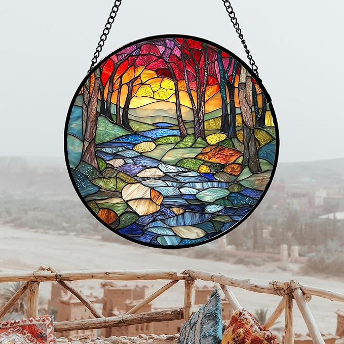 Stained Glass Window Hanging, Red Tree Abstract Sunset Lake Sun Catcher for Window Home Decor Landscape Suncatcher Mother's Day Birthday Gifts for Women Men Mom and Nana 9.8 in
