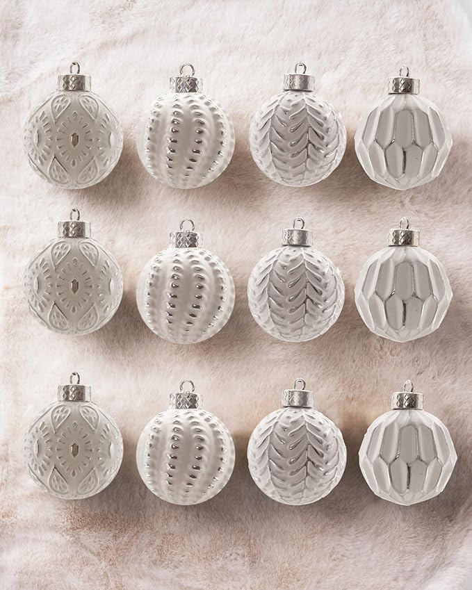 White and Silver Rustic Christmas Ball Ornaments, 3.15 inches Vintage Christmas Tree Decorations, 12 PCS Large Shatterproof Neutral Farmhouse Luxury Ornaments for Xmas Tree, Home Decor