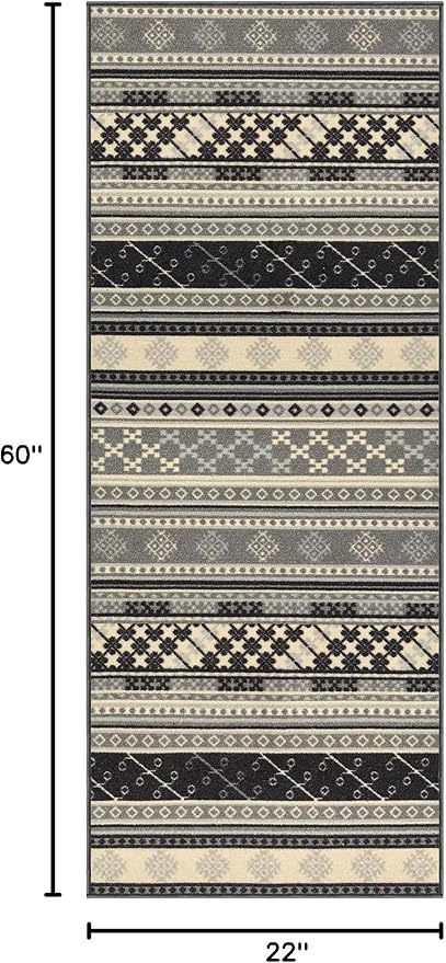 Kapaqua Custom Size Grey Bohemian Kilim Rubber Backed Non-Slip Hallway Stair Runner Rug Carpet 22 inch Wide Choose Your Length 22in X 5ft