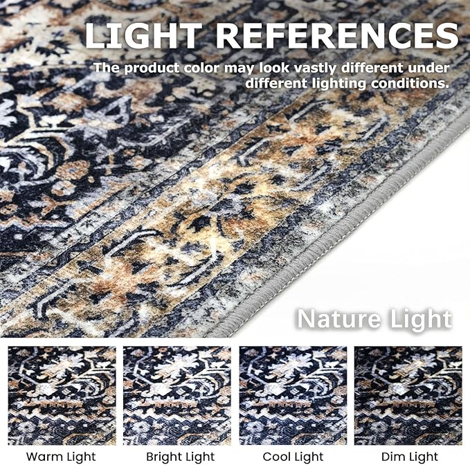KOZYFLY Boho Area Rug 9x12 Ft Thin Rugs for Living Room Washable Bedroom Rug Non Slip Rugs for Living Room Gold Navy Printed Faux Wool Vintage Bedroom Rug Floor Carpet for Dining Room