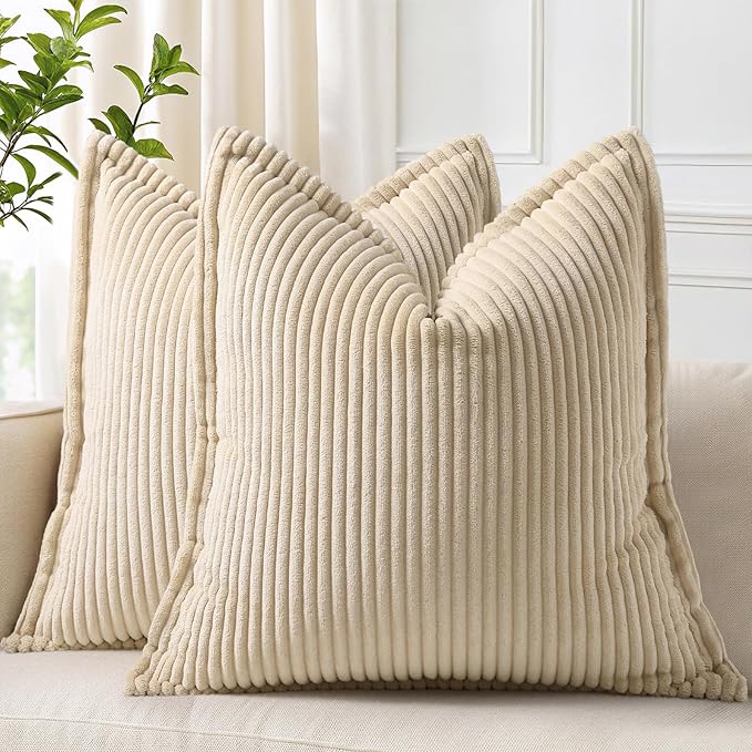 decorUhome Corduroy Beige Throw Pillow Covers 24x24 Set of 2 Decorative Soft Boho Farmhouse Euro Couch Pillow Covers for Living Room Bed Sofa Broadside Striped Pillow Cases