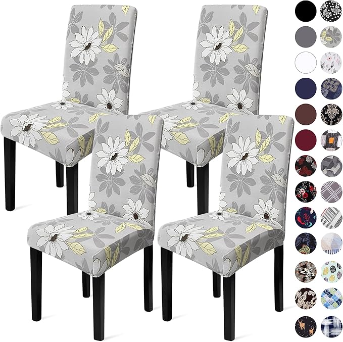 Sufdari Dining Chair Covers,Kitchen Chair Cover,Parsons Chair Slipcover,Spandex Chair Protectors for Dining Room Stretch Chairs Cover Set of 4 -Grey Floral