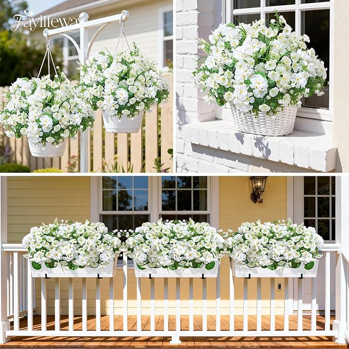 16 Bundles Artificial Flowers for Outdoors, UV Resistant Silk Faux Flowers for Outside Planters,Garden,Porch,Patio,Yard,Home Decor(White)