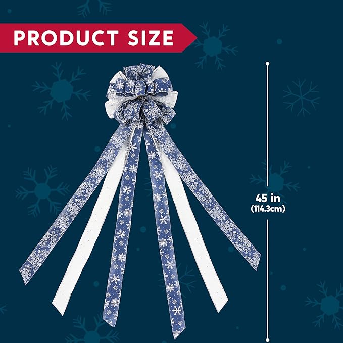 JOIEDOMI 45 Inch Christmas Tree Topper Wreath Bow, Blue and Silver Ribbon Ornaments with Snowflakes and Glitter, Large Gift Decor for Xmas Holiday Themed Decoration Home Parties Wedding
