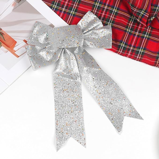 QDTK Christmas Tree Topper Bow Silver Glitter Christmas Bows Sparkly Stars Wreath Bow 13’’x9’’ Ribbon Bow for Wreaths Home Front Door Outdoor Xmas New Years Party Decorations