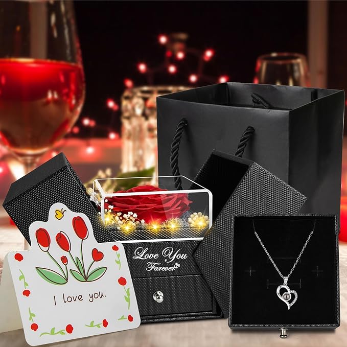 Preserved Red Real Rose -Eternal Flowers Rose Gifts for Mom Grandma Wife Girlfriend on Various Festivals Gifts for Her Christmas Birthday Anniversary with I Love You Necklace