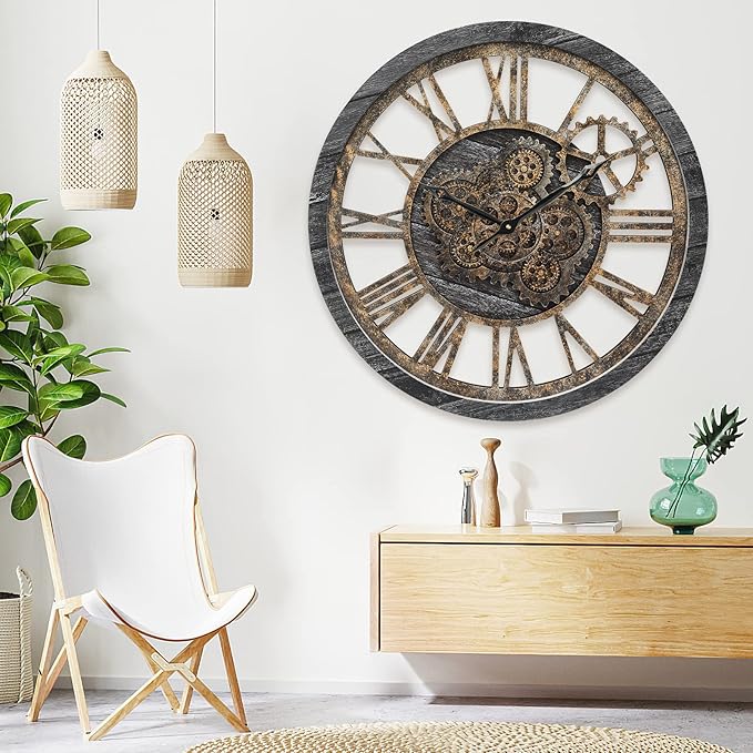 HOIBAI Wall Clock, Large Wall Clocks for Living Room Decor 18 Inch Battery Operated Silent Non-Ticking Modern Farmhouse Vintage Roman Big Wall Clock for Home Bedroom House Office, Moving Gears Clock