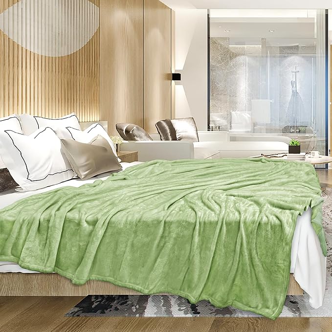 PAVILIA Sage Green Fleece Throw Blanket for Couch Twin Size, Light Olive Super Soft Fuzzy Flannel Throw for Sofa, Luxury Plush Microfiber Blanket Twin Bed, Home Decorative Velvet Gift Blanket, 60x80