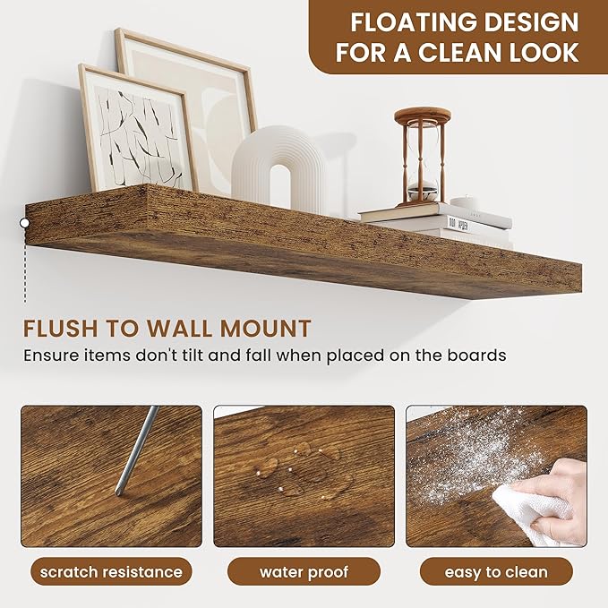 fuqing Floating Shelves for Wall, Wall Mounted Wood Floating Shelf with Invisible Brackets for Living Room, Bathroom, Bedroom, Kitchen Storage and Decor, 36 Inch Set of 2, Rustic Brown
