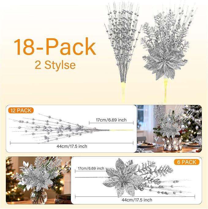 18 Pack Christmas Tree Ornaments Set, 17.5 Inch Silver Fake Christmas Picks Decorations with 2 Styles, Artificial Glitter Berry Stem Ornaments for Christmas Tree Wedding Small Vase Wreath Decor