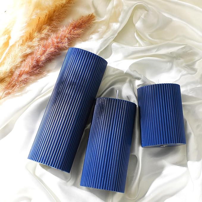 Ribbed Pillar Candles Set of 3, Width 3" High 4" 6" 8" Large Soy Wax Orchids Scented Pillar Candles Aesthetic Ribbed Modern Home Decor for Bathroom Living Room(Navy Blue)