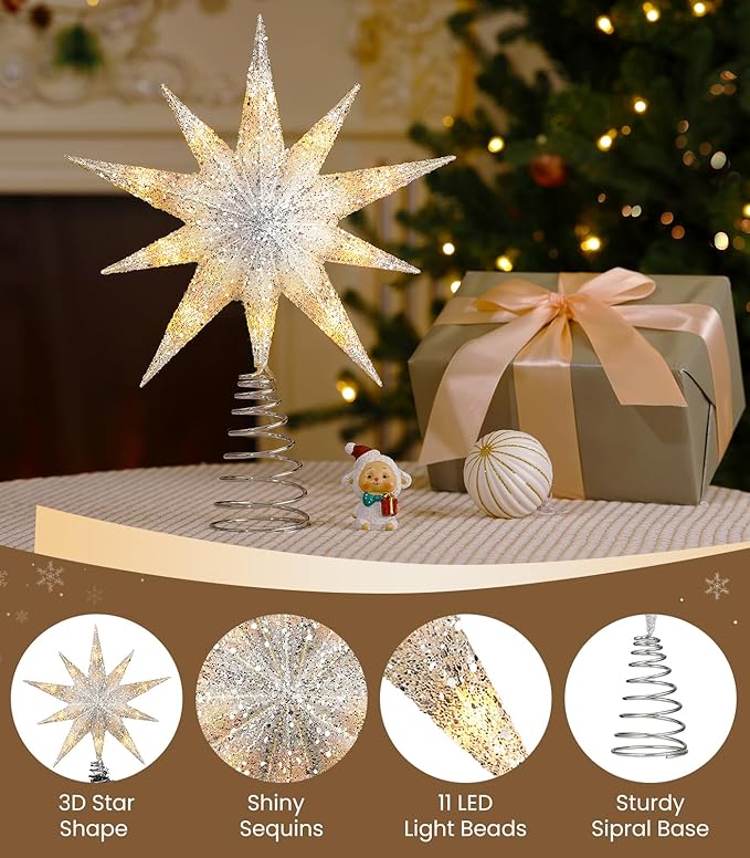 Luxspire Christmas Tree Topper, Lighted Star Tree Topper with USB Plug-in & Remote Control, 9.8" Christmas Tree Star Lights for Home Holiday Decor, 6H Timer & 8 Lighting Modes, Silver