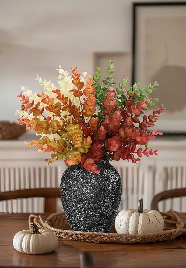 5 Stems Artificial Fall Greenery – 14.6" Eucalyptus Leaf Stems for Autumn Floral Arrangements, Thanksgiving Centerpieces, Fall Decor Bouquets, Soft Cream