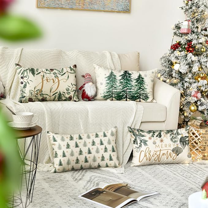 AVOIN colorlife Merry Christmas Trees Snowflake Throw Pillow Covers, 12 x 20 Inch Joy Xmas Balls Winter Holiday Cushion Case Decoration for Sofa Couch Set of 4