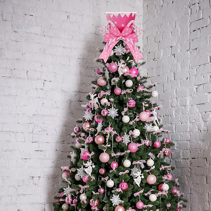 Jenaai Christmas Tree Topper Hat Candy Canes Tree Topper with Striped Bow Ribbon and Lollipop Christmas Decorations Desktop Ornaments Xmas Festive Gift for Home Xmas Holiday Winter Decor (Pink)