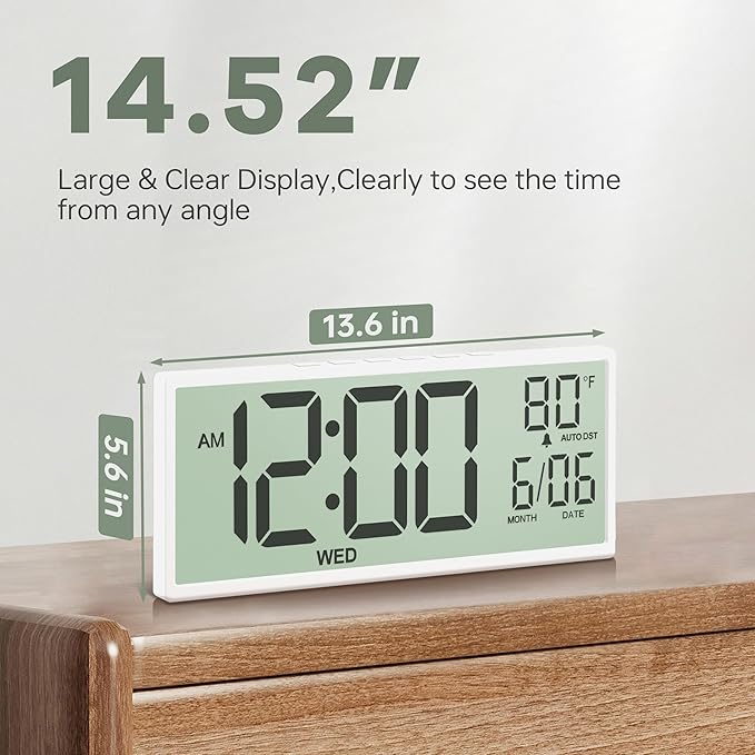 JALL 14.5" Large Digital Wall Clock Battery Operated with Big Digits LCD Screen Display, Day, Date, Alarm, Auto DST, Temperature for Living Room, Bedroom, Desk Decor, Mounted, Gift for Elderly