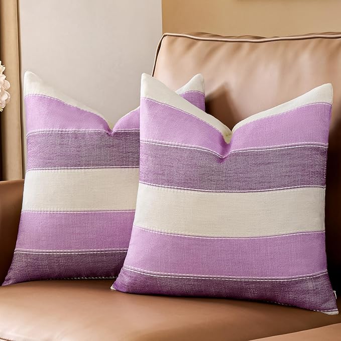 AmHoo Pack of 2 Farmhouse Stripe Check Throw Pillow Covers Set Case Cotton Linen Decorative Pillowcases Cushion Cover for Couch Bench Sofa 22x22 Inch Purple