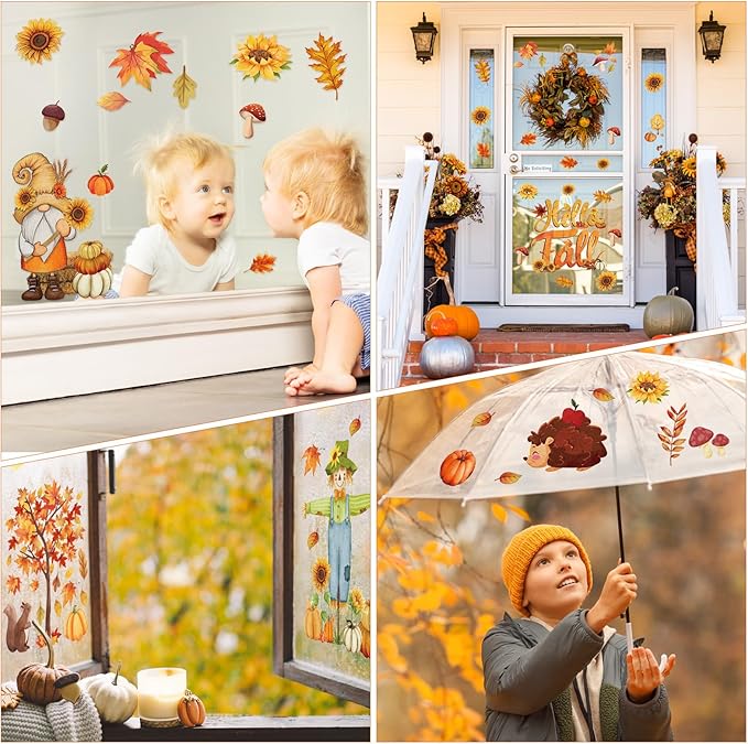 Cinrobiye 150 Pcs Fall Window Clings，Thanksgiving Window Stickers Pumpkin Maple Leaf Window Art Seasons Decals for Autumn School Home Office Accessories Toddler Party Supplies Gifts, 9 Sheets (Fall)