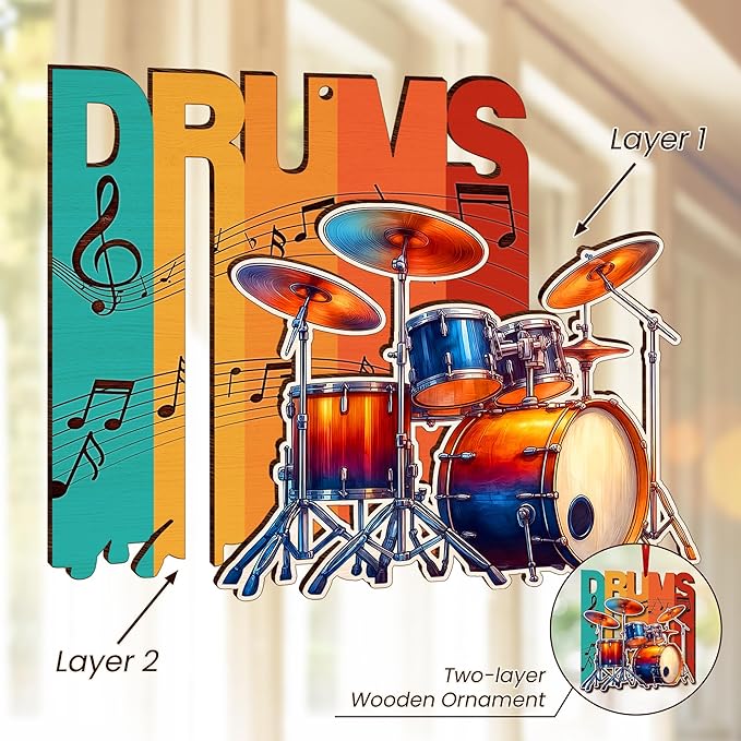 GEEMBI Drum Ornaments for Christmas Tree - Wooden Drum Christmas Ornaments 2025 for Tree Decorations - Music Teacher Drummer Gifts for Musicians Friends, Music Ornaments, Stocking Stuffers Ornament