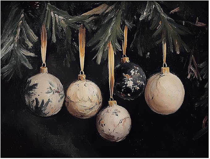 Christmas Tree Gold Ornaments Wall Art,Vintage Ornament Print,Holiday Art Print,Dark Rustic Winter Decor,Festive Gold Holiday Art,Christmas Home Fireplace Decor16x24inchUnframed