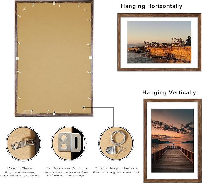 24x36 Poster Frame Set of 2, 24 x 36 Wood Picture Frames with Mat for 20x30, Wooden Photo Frame with Tempered Glass Cover for Wall Mounting Display, Rustic Brown