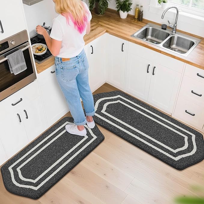 COSY HOMEER Kitchen Rugs and Mats Sets of 2PCS Non Slip Kitchen Mats for Floor Washable Kitchen Runner Stain Resistant Standing Mat for Kitchen,Sink,24"x48"+24"x59",Black