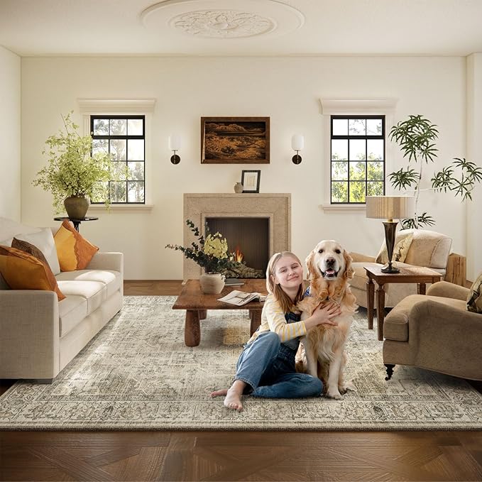 Washable Area Rugs for Living Room: 6x9 Bedroom Area Rugs Boho Vintage Rugs Stain Resistant Non Slip Low Pile Soft Lightweight Carpet for Kitchen Dining Room Farmhouse Nursery Kids Room Home Office