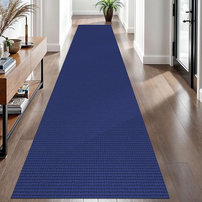 EARTHALL Woven Runner Rug 2.6x12 Ft Washable Runners for Hallways Extra Long Cotton Non Slip Rubber Backed Kitchen Runner Braided Indoor Floor Carpet for Entryway, Hall, Kitchen, Royal Blue/Navy