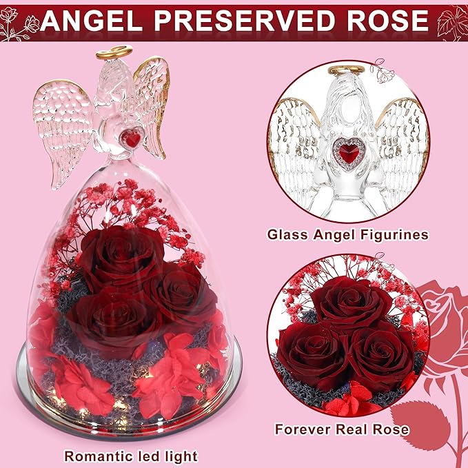 Mothers Day Rose Gifts for Women, Large Angel Figurines with Real Roses, Preserved Real Flower Rose for Her - Wine Red