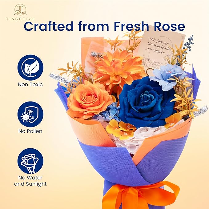 TINGE TIME Preserved Flowers Bouquet, Orange & Navy Blue Roses Gift Bouquet, Aritifical Flowers Gifts for Women, Eternal Roses Bouquet for Wife Anniversary Christmas Anniversary Home Décor