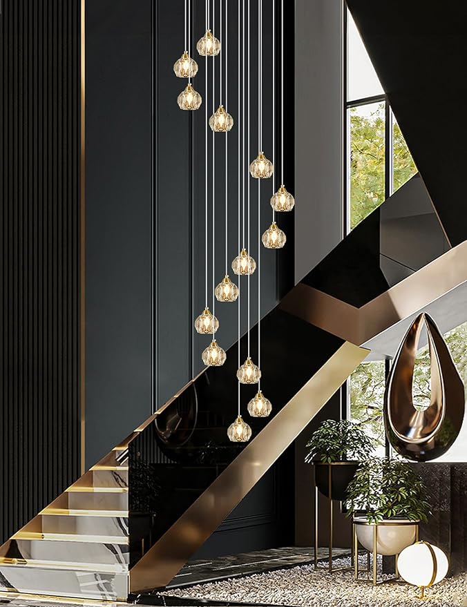Crystal Chandeliers for Staircases, 14-Light Gold Modern Chandeliers for High Ceilings，Crystal Pendant Light Fixture for Living Room Kitchen Island Foyer Hallway Bar