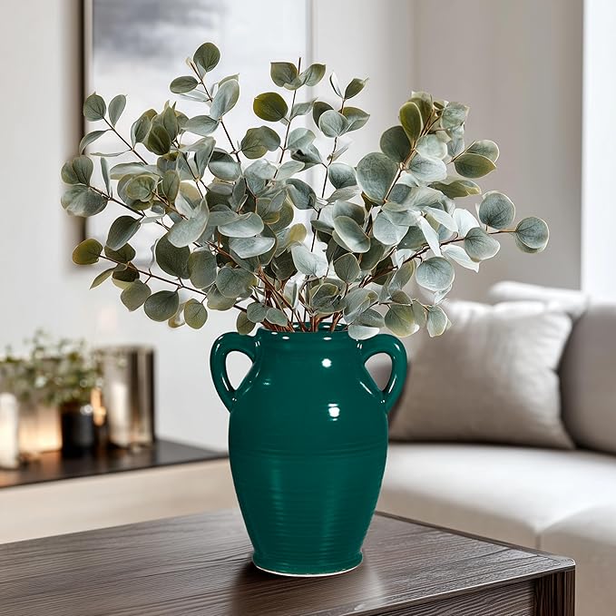 Sunddo Modern Ceramic Vase for Decor - 8 Inch Green Decorative Vase with 2 Handles, Pampas Grass Vases for Centerpieces, Living Room,Table Dining, Mantle, Console, Kitchen Decor