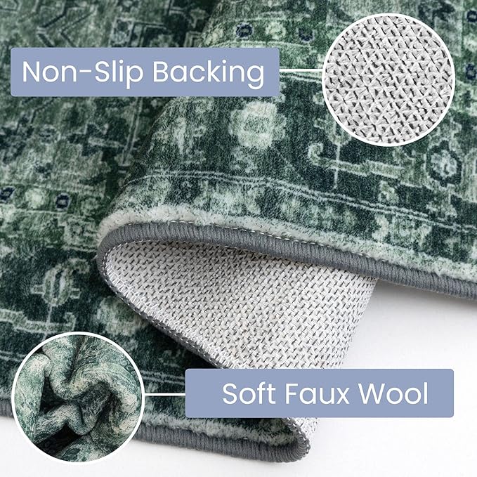 KOZYFLY Runners for Hallways 2x6 Ft Washable Kitchen Runner Rug Boho Runner Rug for Entryway Indoor Printed Oriental Faux Wool Floor Carpet Runner for Bedroom Kitchen Hall, Dark Green