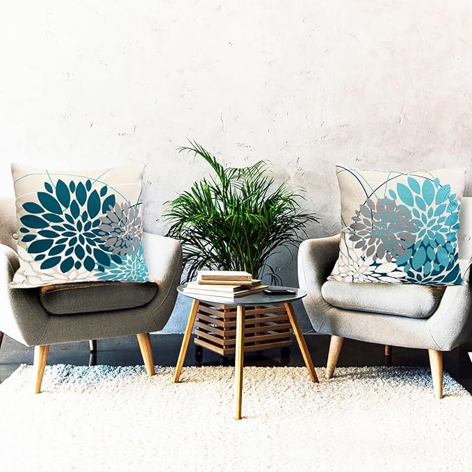 Decorative Throw Pillow Covers Set of 2 Teal Blue Pillow Covers 20x20 inch Linen Square Pillow Cases,Farmhouse Modern Geometric Floral Outdoor Pillow Cover for Couch Sofa Living Room Bedroom