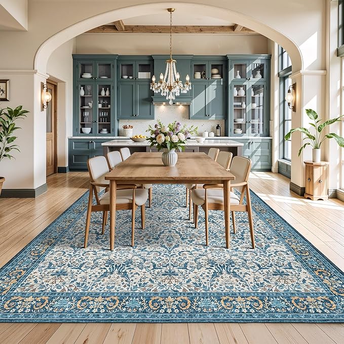 Woaboy Washable 8x10 Area Rug for Living Room Bedroom Dining Room Under Kitchen Table,Non-Slip Low Pile Stain Resistant Soft Large Carpet for Vintage Floral Oriental Home Decor Blue