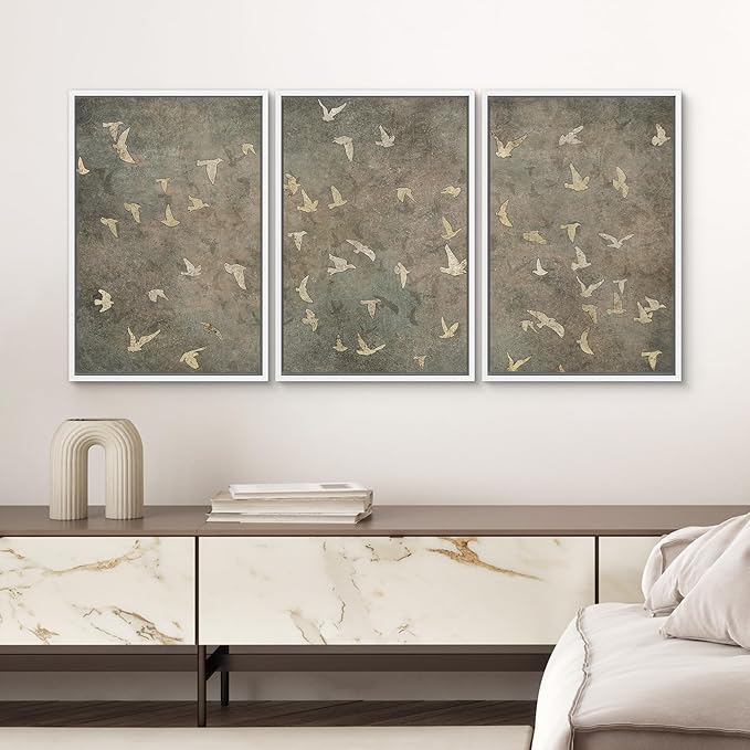 SIGNWIN Framed Canvas Print Wall Art Set Abstract Golden Birds in Flight Illustrations Modern Art Decorative Rustic Calm/Zen for Living Room, Bedroom, Office - 24"x36"x3 White