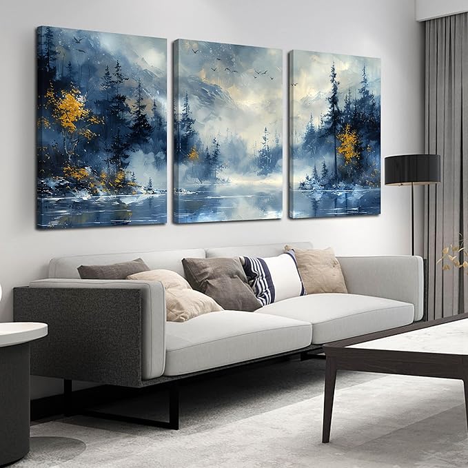 SIXTTART Tree Pictures Wall Decor Bedroom - Blue Wall Art for Living Room - Large 3 Piece Canvas Wall Art for Office Size 24" x 36"
