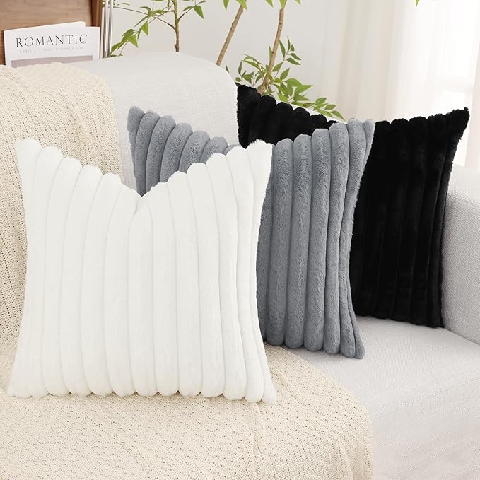 decorUhome Faux Fur Christmas Throw Pillow Covers 24x24 Set of 2, Decorative Soft Plush Striped Neutral Couch Euro Pillow Covers with Velvet Back for Sofa, Bed, Living Room Home Decor, Black