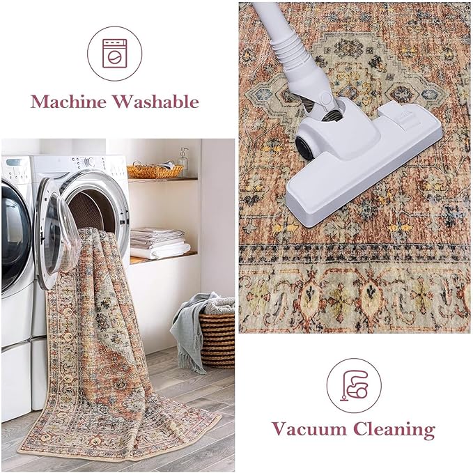 Lahome Oriental Washable Runner Rug Non Slip, 2x7 Rug Runners for Hallways Non Slip Vintage Ultra-Thin Soft Long Carpet for Kitchen Laundry Room Bedroom, Peach/Orange