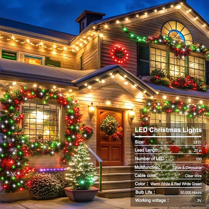 echosari Christmas String Lights, 33Ft 100 LED Fairy Lights Battery Operated Dual Color Changing with Remote Timer for Xmas Tree Festive Decor (Red White Green & Warm White)