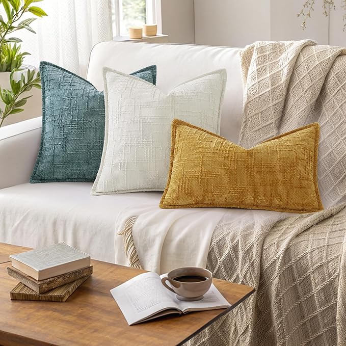 decorUhome Chenille Throw Pillow Covers 16x16 Set of 2, Thick Textured Slubby Neutral Decorative Pillow Covers with Elegant Design for Couch, Sofa, Living Room, Mustard Yellow