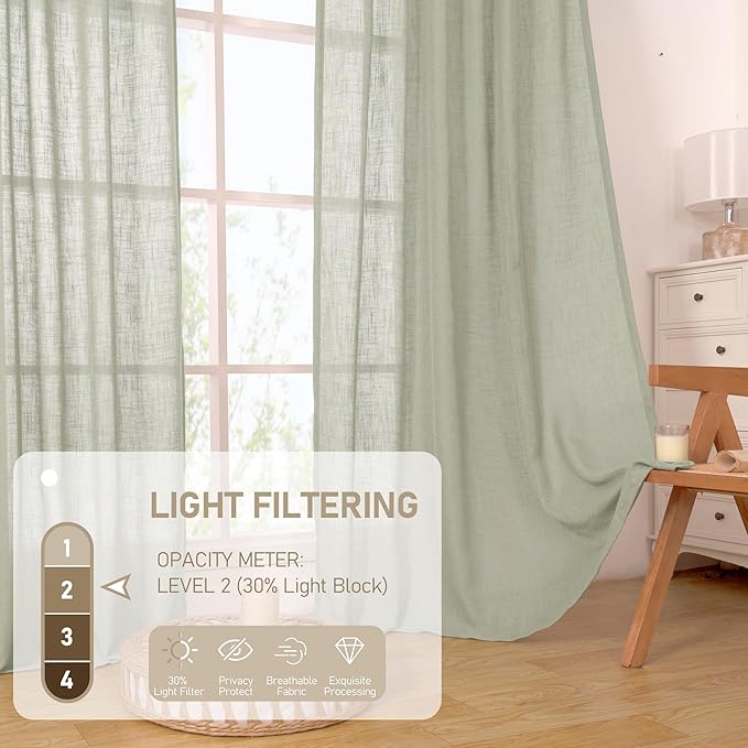 LAMIT Sage Grey Linen Curtains 48 Inch Length 2 Panels, Light Filtering Panels Back Tab and Rod Pocket Neutral Drapes for Kitchen/Window/Loft Room/Bedroom, 34 x 48 Inch
