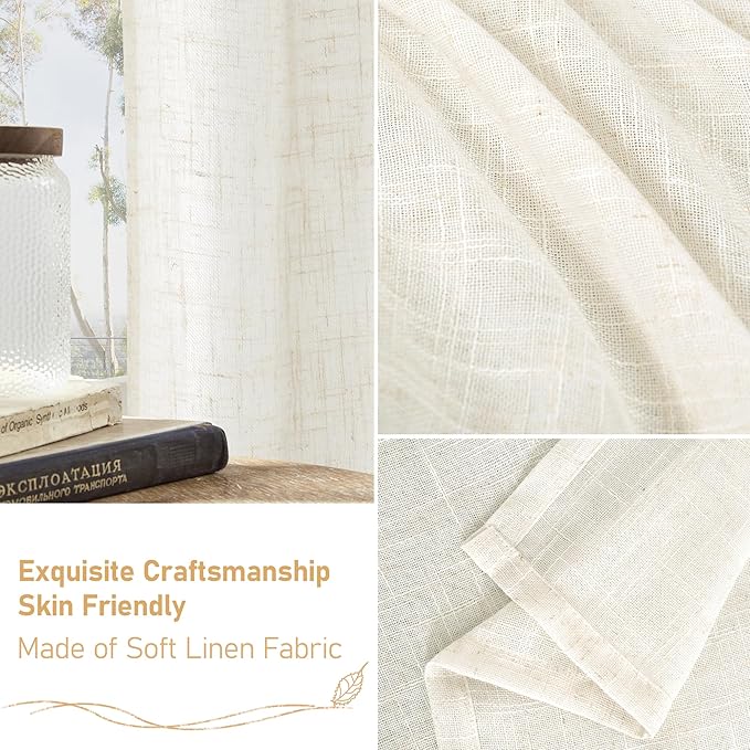 LAMIT Cream Linen Curtains 24 Inch Length, Semi Sheer Light Filtering Window Panels Back Tab and Rod Pocket Drapes for Kitchen/Small Windows, 25 x 24 Inch, 2 Panels