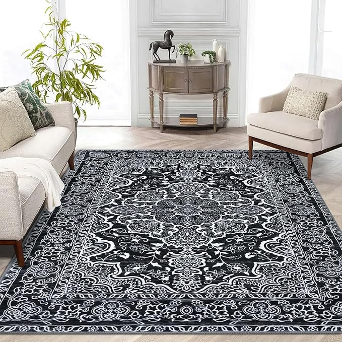 KUTA Vintage Area Rug 5x7 Black, Washable Rugs for Living Room Soft Non-Slip Printed Distressed Tribal Traditional Farmhouse Carpet for Bedroom Dining Room Dorm Office Home Decor