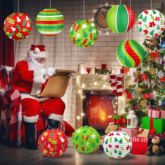 Christmas Paper Lanterns, 12 PCS Christmas Hanging Paper Lanterns Indoor Outdoor, Red Green and White Xmas Tree Candy Bell Lantern for Christmas Party Decorations Home Holiday Decor