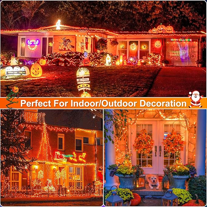 Orange Christmas Lights Outdoor, 66FT 200 LED String Lights for Outside with 8 Modes Waterproof, Plug in Connectable Twinkle Light Green Wire for Indoor Garden Tree Patio Party Decorations